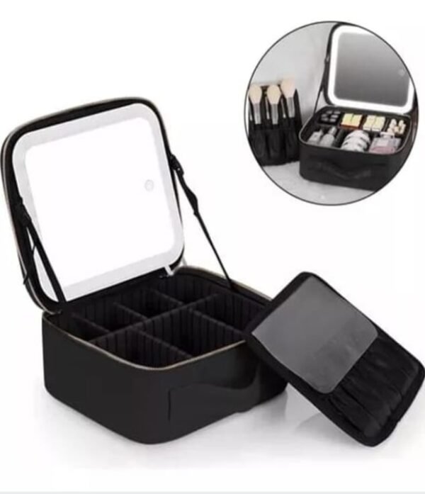 cosmetiquera Estuche De Maquillaje Con Espejo Luz Led Organizador Viajero Negro